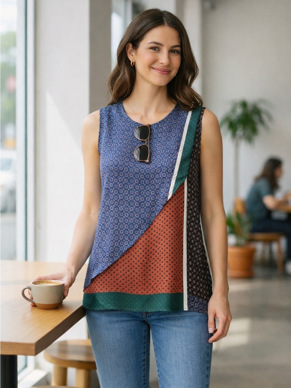 Dusan 100% Silk Patchwork Print Sleeveless Tunic Top Made in Italy XS NWOT